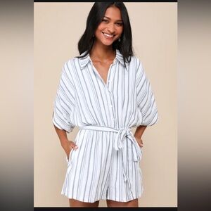 Lulus Sun-Drenched Sweetie White and Blue
Striped Button-Up Romper